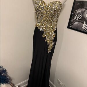 Cassandra Stone Mac Dugal Black Maxi Dress with Gold Embellishments 8